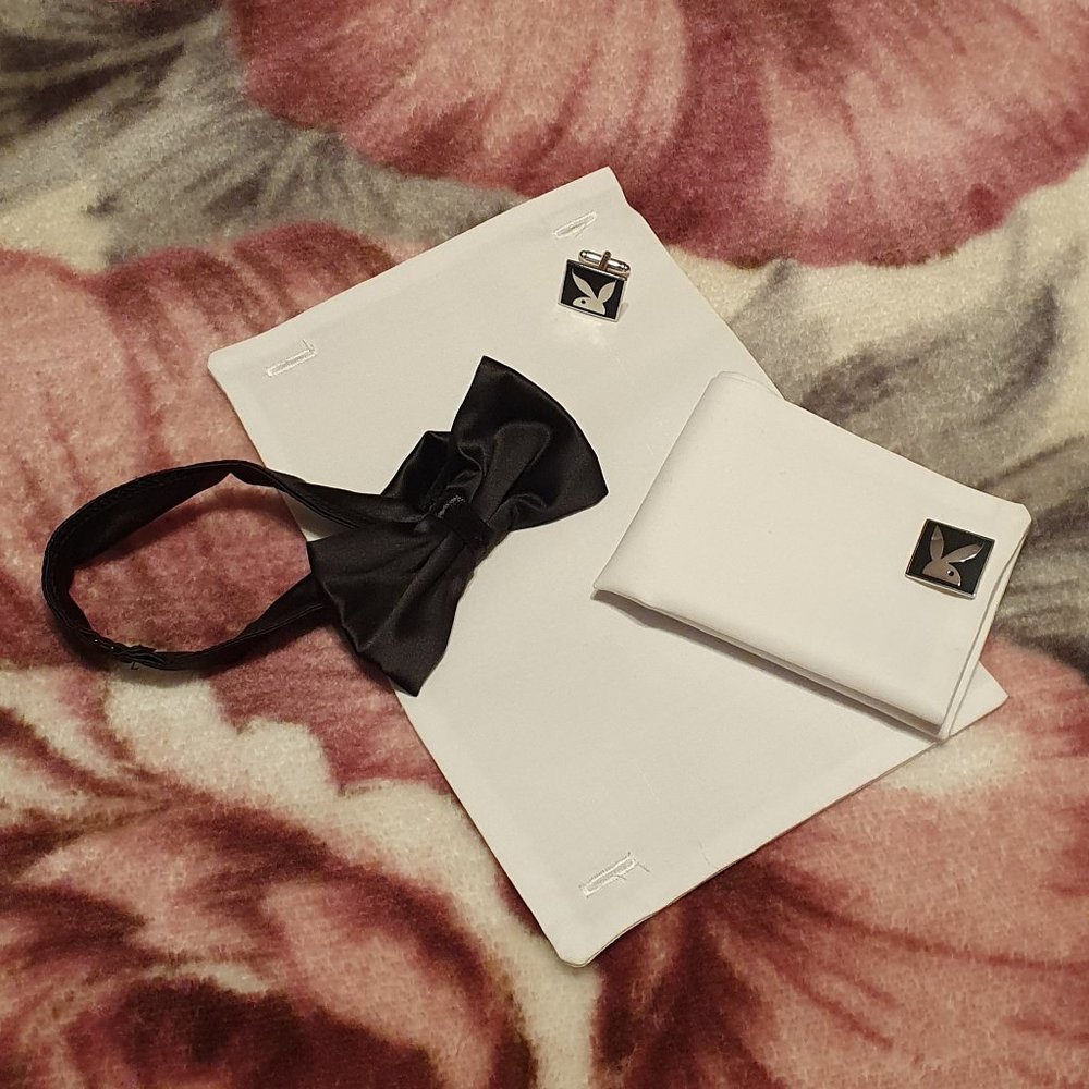 3 Piece Playboy Bunny Costume Accessories - Black Bow Tie White Cuffs Cufflinks